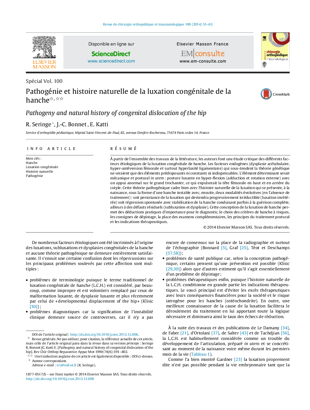 Pathogénie et histoire naturelle de la luxation congénitale de la hanche 