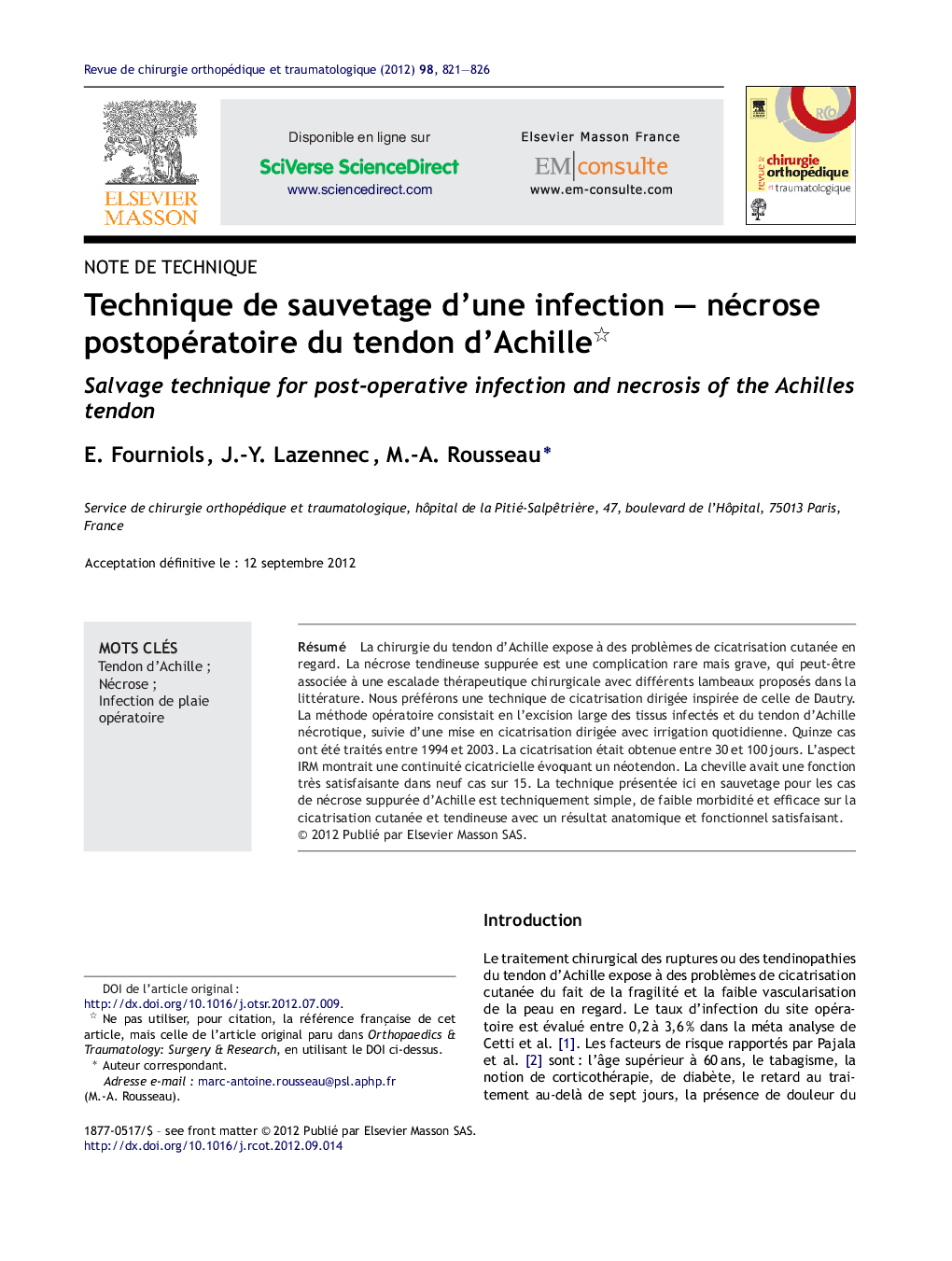 عکس صفحه اول مقاله: Technique de sauvetage d’une infection – nécrose postopératoire du tendon d’Achille Technique de sauvetage d’une infection – nécrose postopératoire du tendon d’Achille