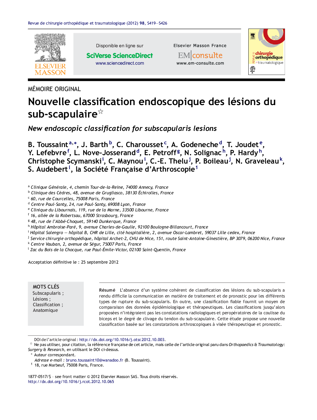 Nouvelle classification endoscopique des lésions du sub-scapulaire 