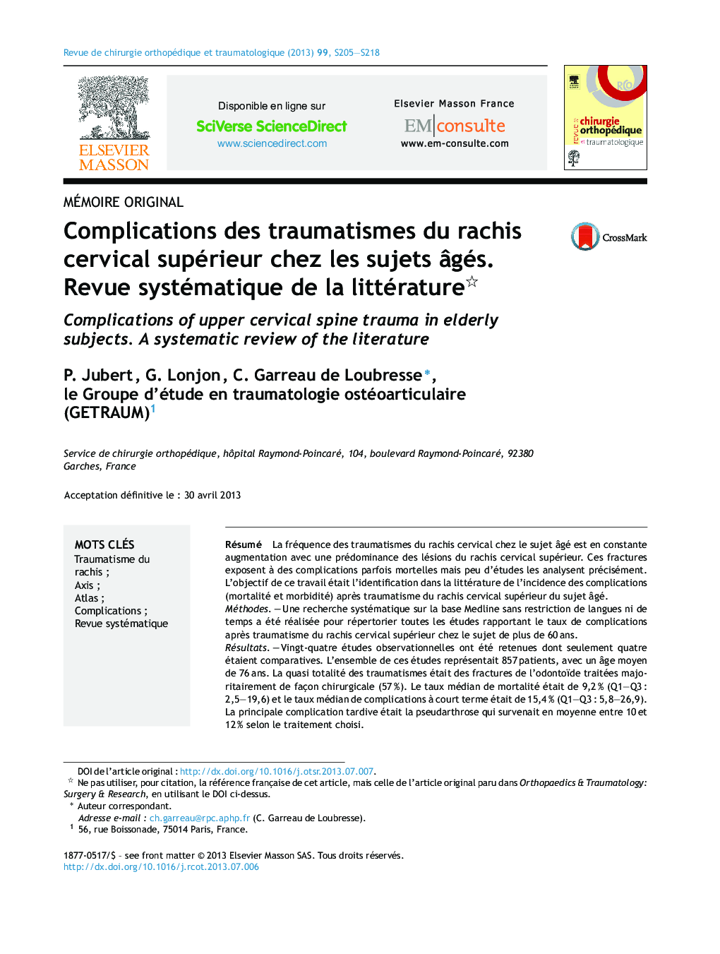 Complications des traumatismes du rachis cervical supérieur chez les sujets âgés. Revue systématique de la littérature 