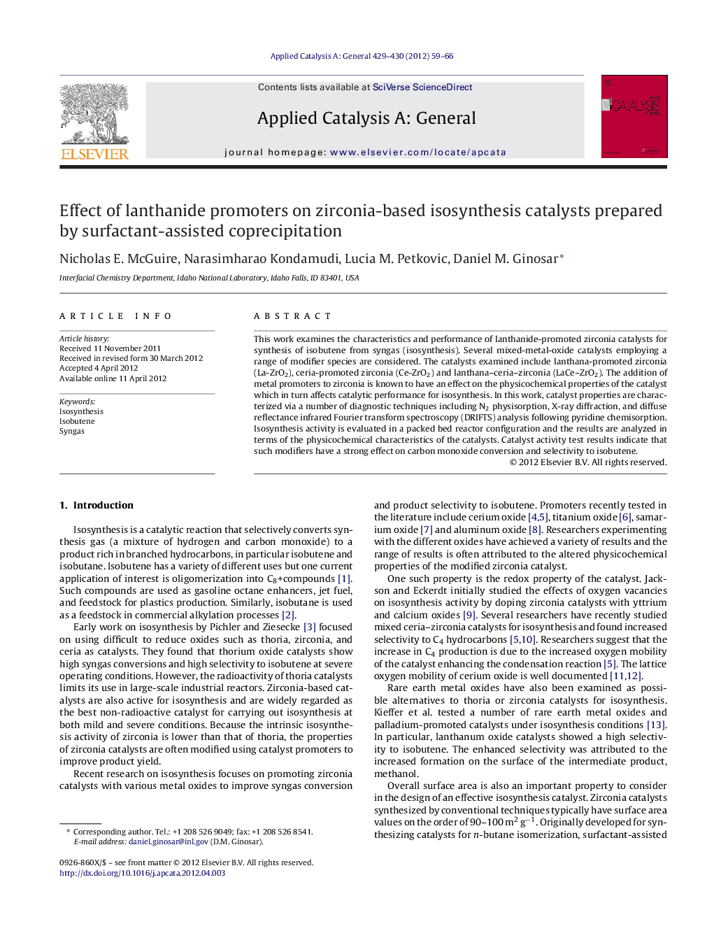 Effect of lanthanide promoters on zirconia-based isosynthesis catalysts prepared by surfactant-assisted coprecipitation