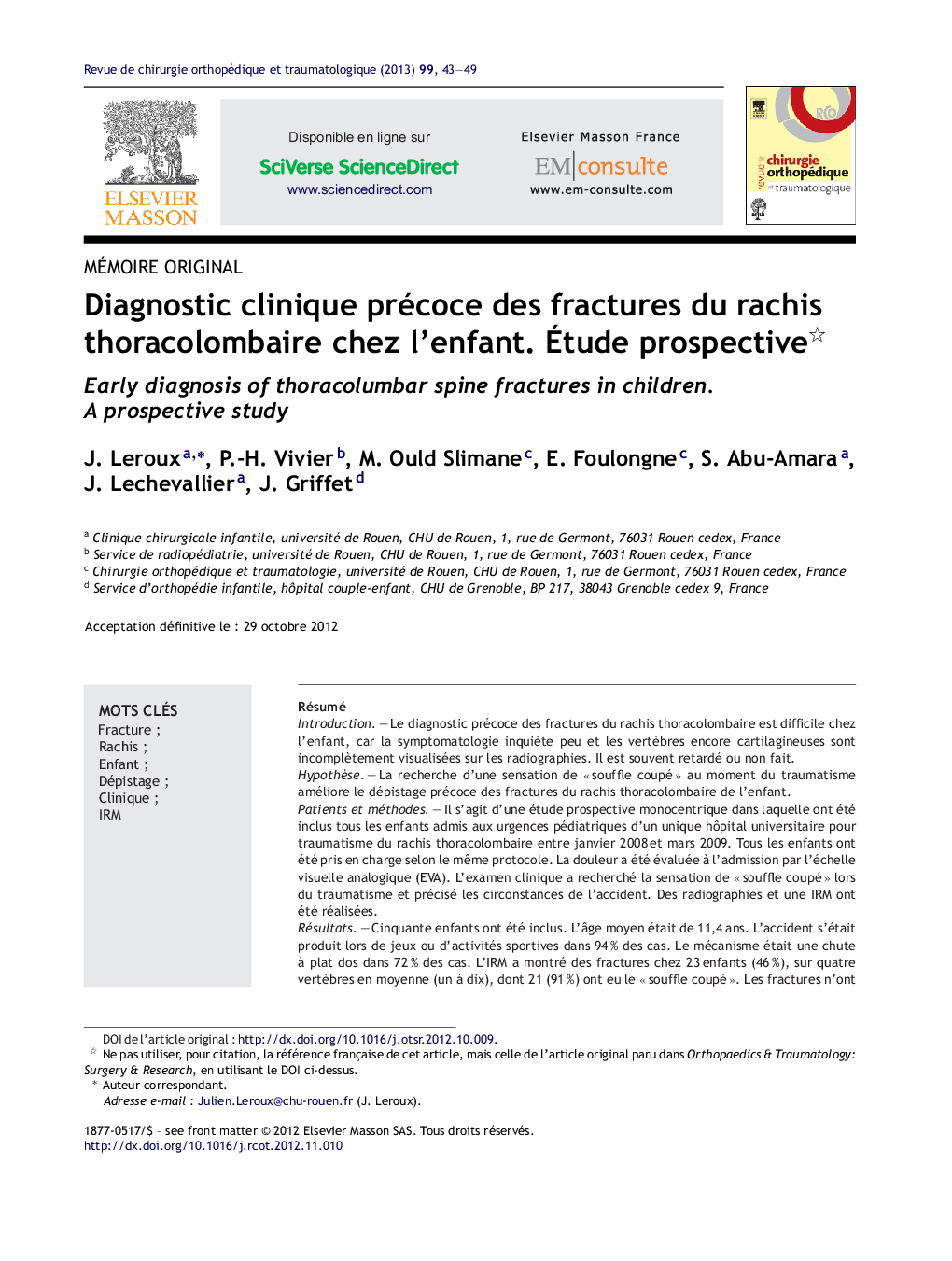 Diagnostic clinique précoce des fractures du rachis thoracolombaire chez l’enfant. Étude prospective 