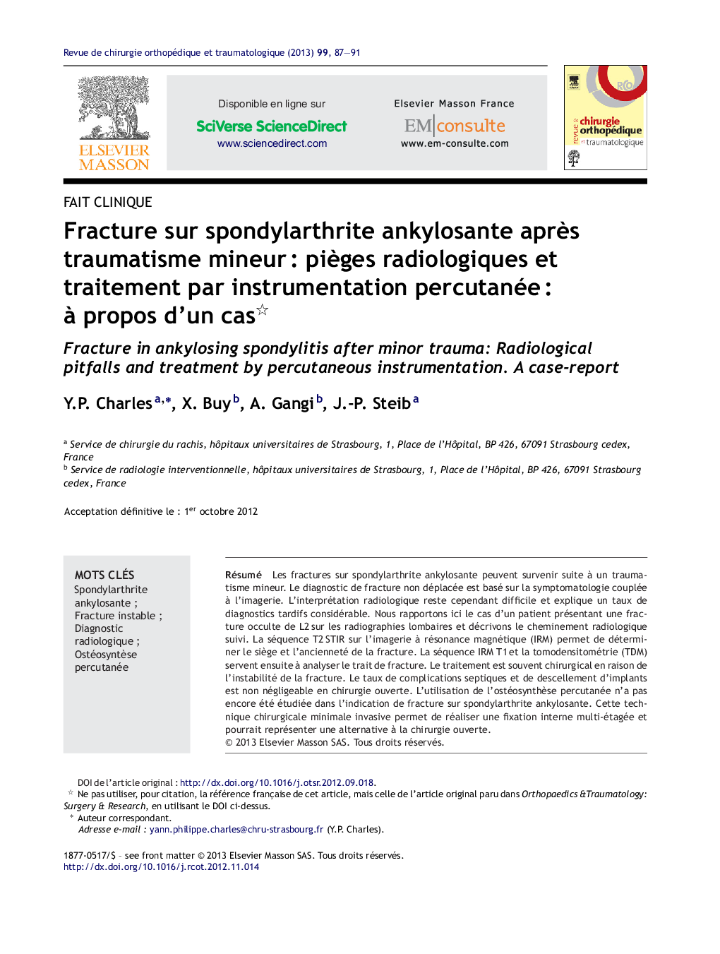 Fracture sur spondylarthrite ankylosante après traumatisme mineur : pièges radiologiques et traitement par instrumentation percutanée : à propos d’un cas 