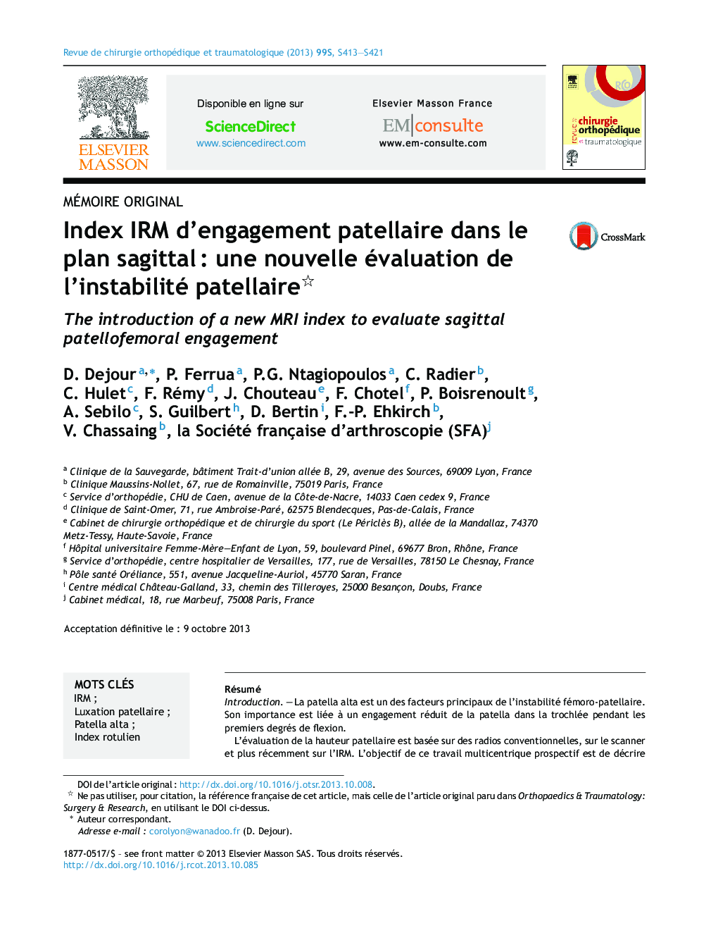 Index IRM d’engagement patellaire dans le plan sagittal : une nouvelle évaluation de l’instabilité patellaire 