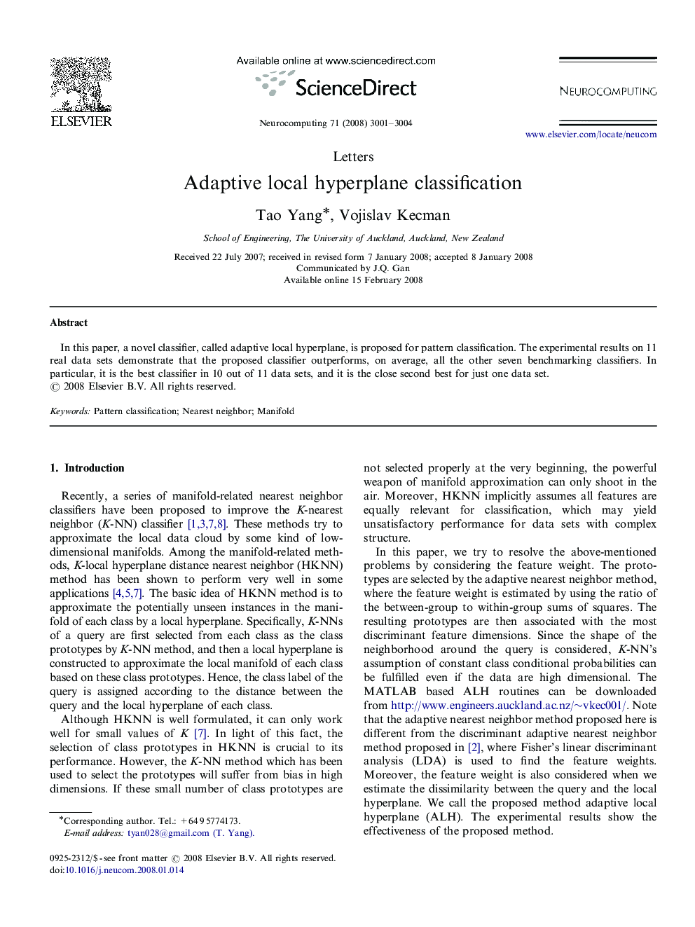 Adaptive local hyperplane classification