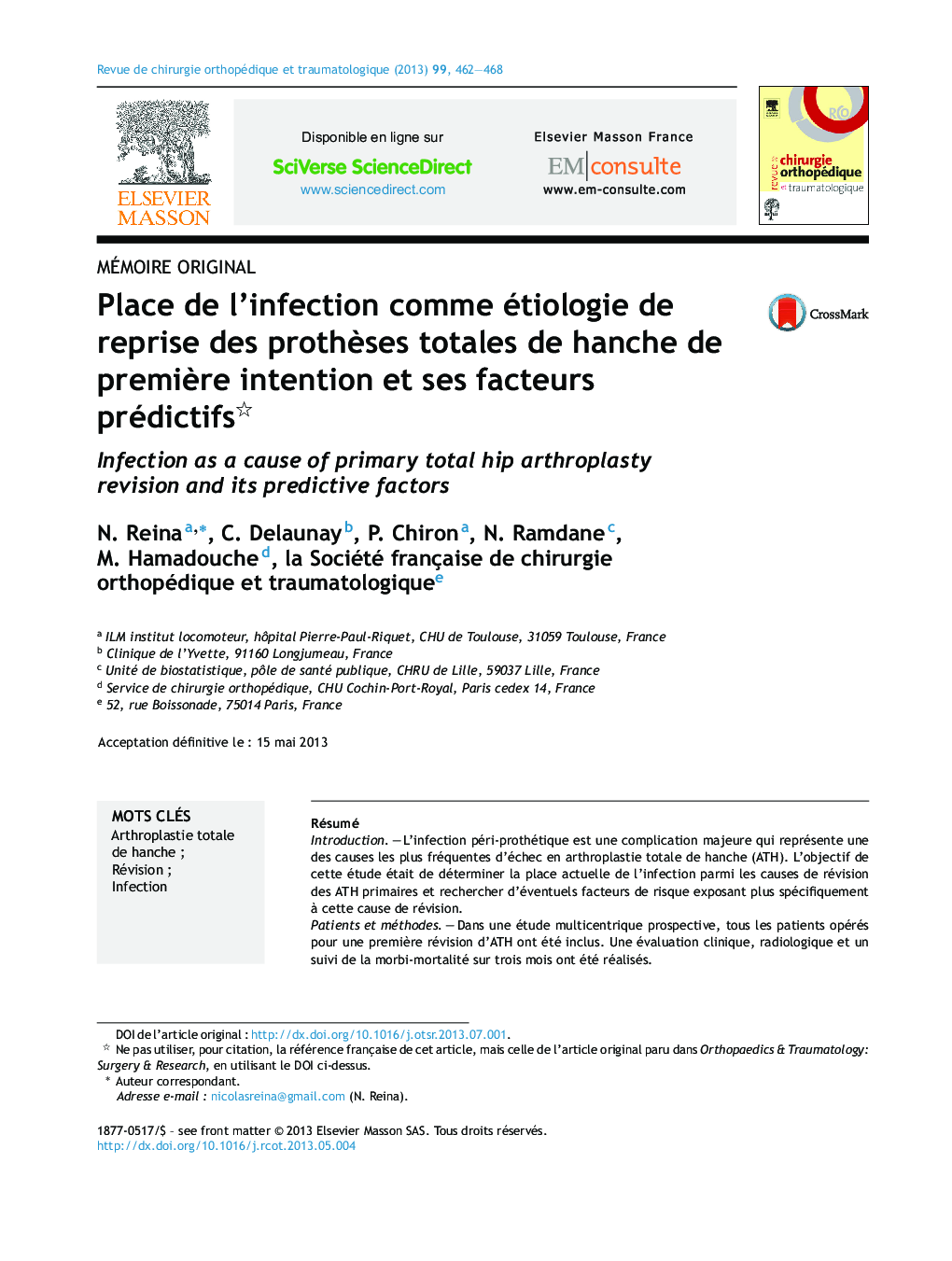 Place de l’infection comme étiologie de reprise des prothèses totales de hanche de première intention et ses facteurs prédictifs 