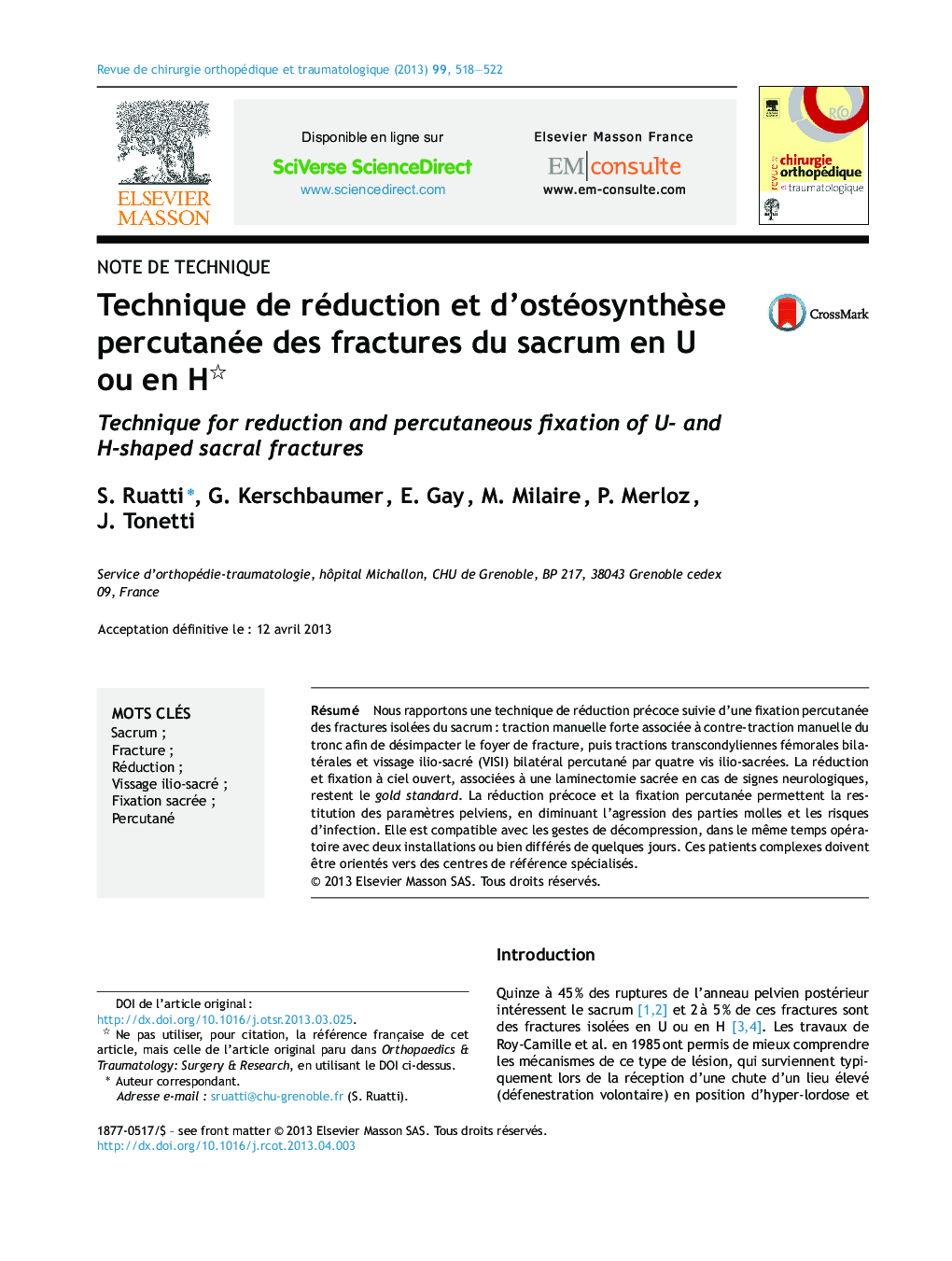 Technique de réduction et d’ostéosynthèse percutanée des fractures du sacrum en U ou en H 
