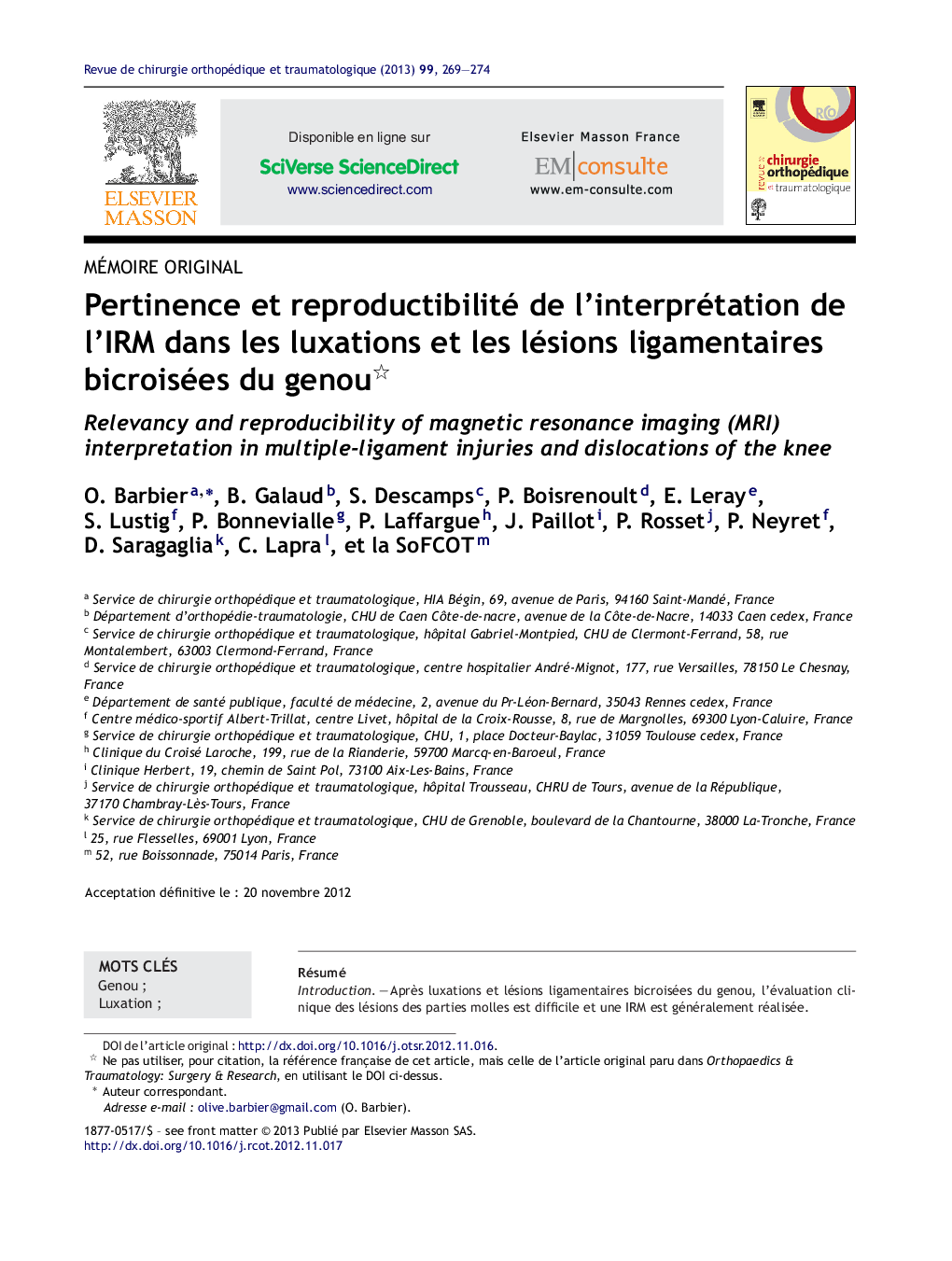 Pertinence et reproductibilité de l’interprétation de l’IRM dans les luxations et les lésions ligamentaires bicroisées du genou 