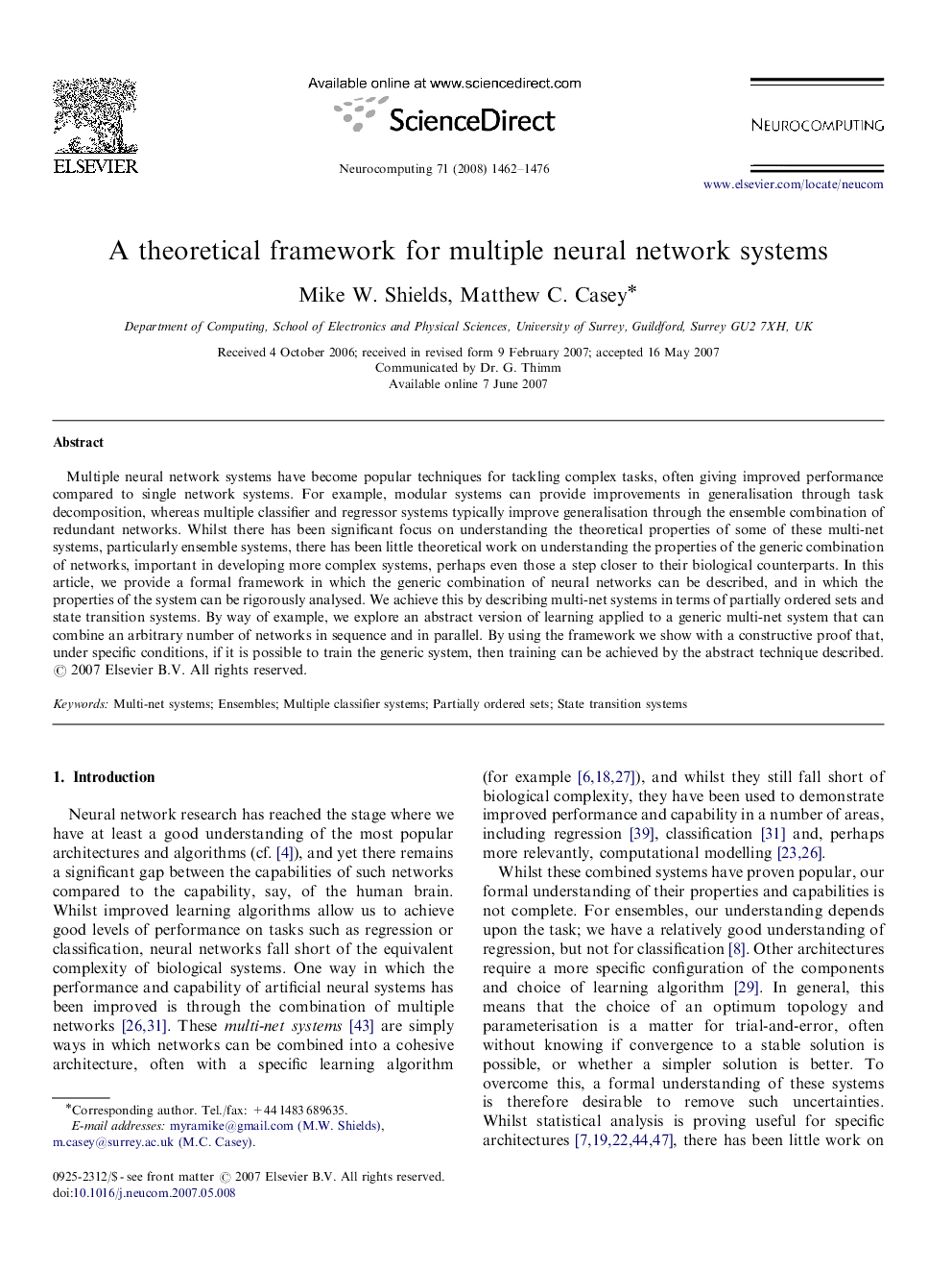 A theoretical framework for multiple neural network systems