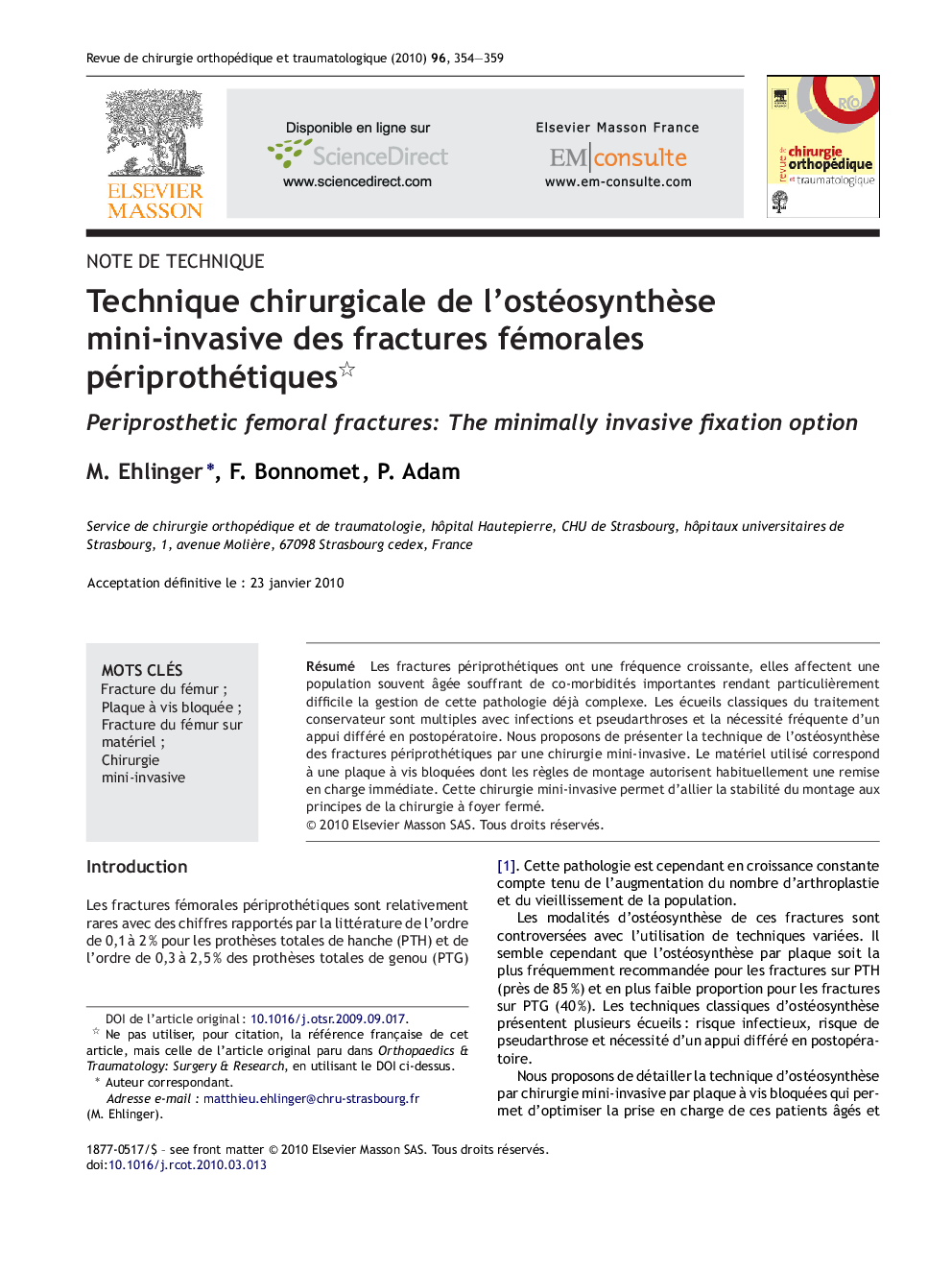 عکس صفحه اول مقاله: Technique chirurgicale de l’ostéosynthèse mini-invasive des fractures fémorales périprothétiques Technique chirurgicale de l’ostéosynthèse mini-invasive des fractures fémorales périprothétiques