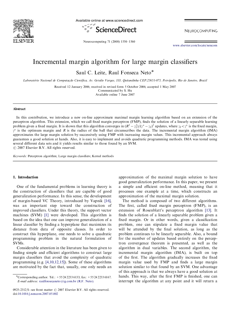 Incremental margin algorithm for large margin classifiers