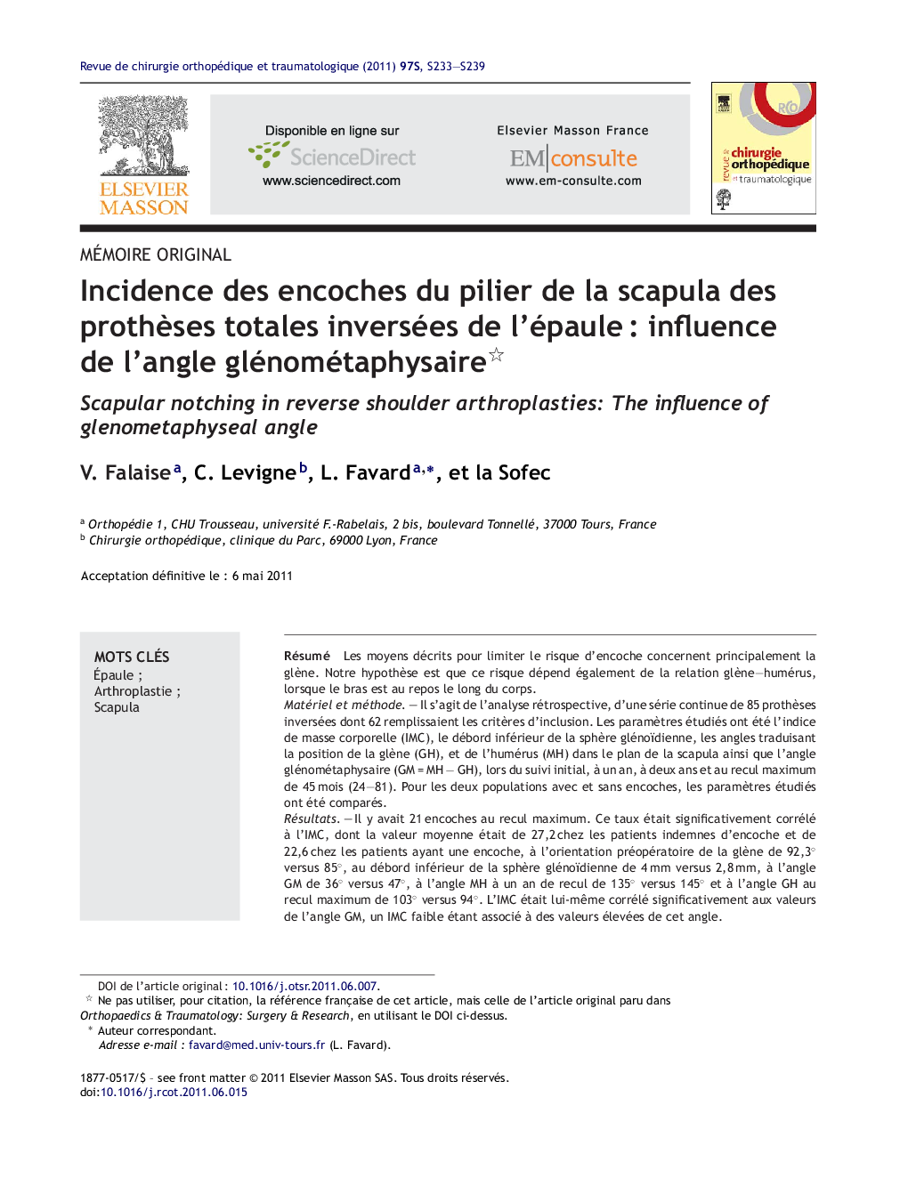 Incidence des encoches du pilier de la scapula des prothèses totales inversées de l’épaule : influence de l’angle glénométaphysaire 