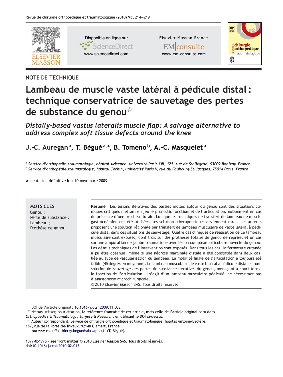 Lambeau de muscle vaste latéral Ã  pédicule distalÂ : technique conservatrice de sauvetage des pertes de substance du genou