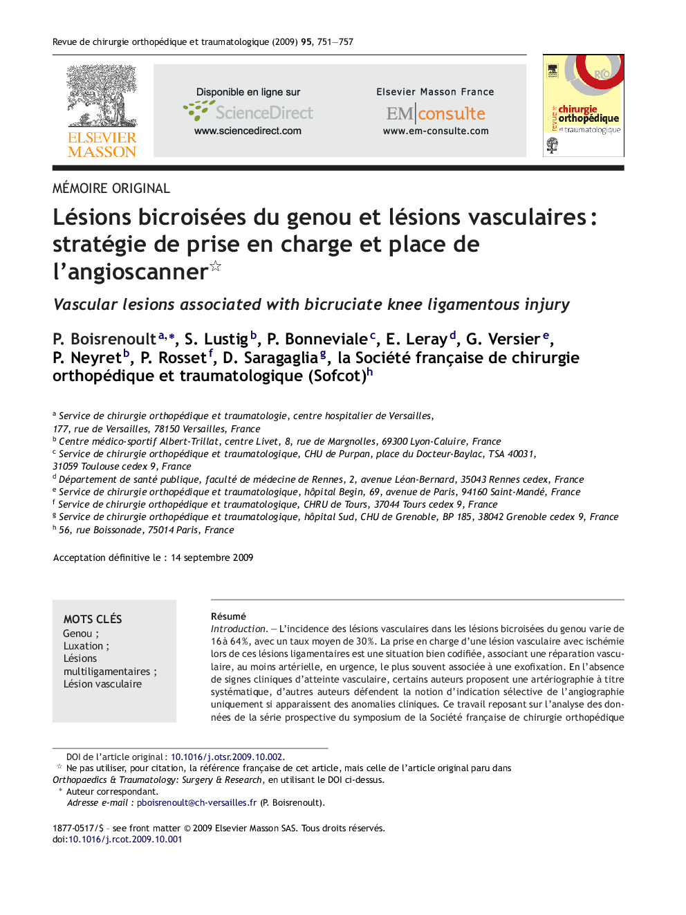 Lésions bicroisées du genou et lésions vasculaires : stratégie de prise en charge et place de l’angioscanner 