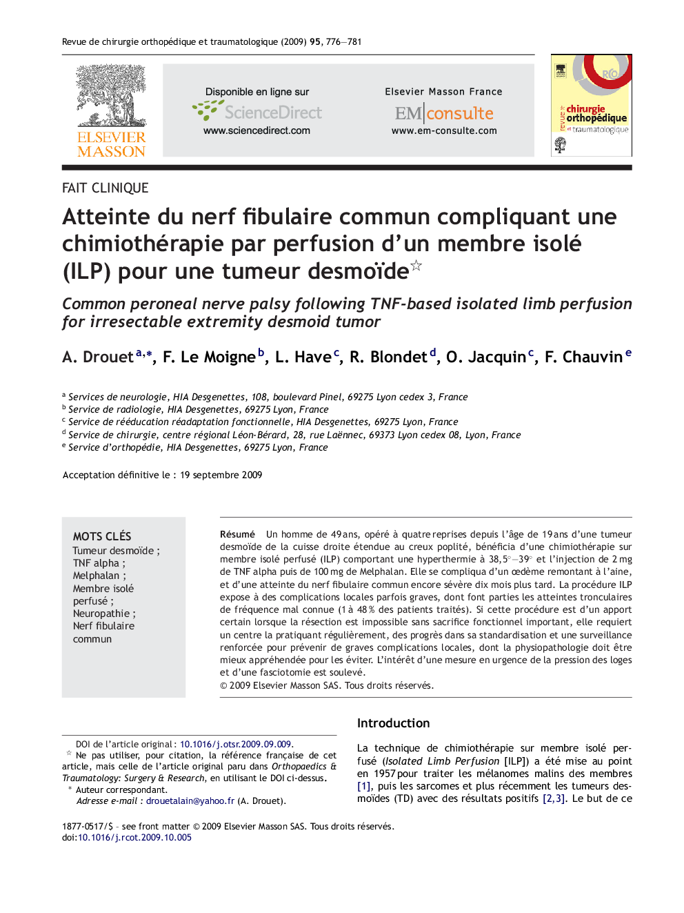 Atteinte du nerf fibulaire commun compliquant une chimiothérapie par perfusion d’un membre isolé (ILP) pour une tumeur desmoïde 