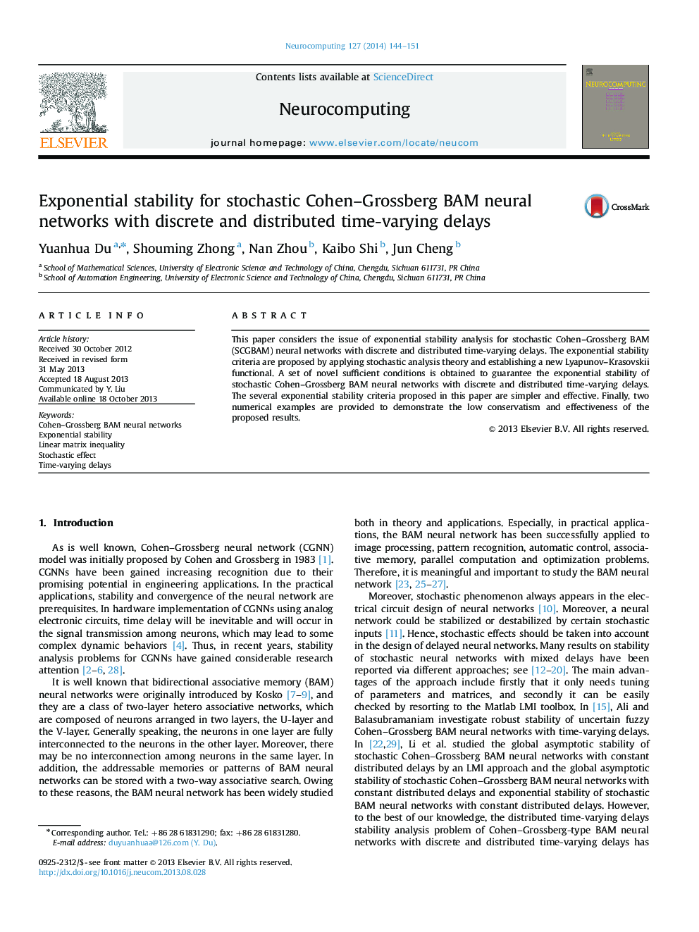 Exponential stability for stochastic Cohen–Grossberg BAM neural networks with discrete and distributed time-varying delays