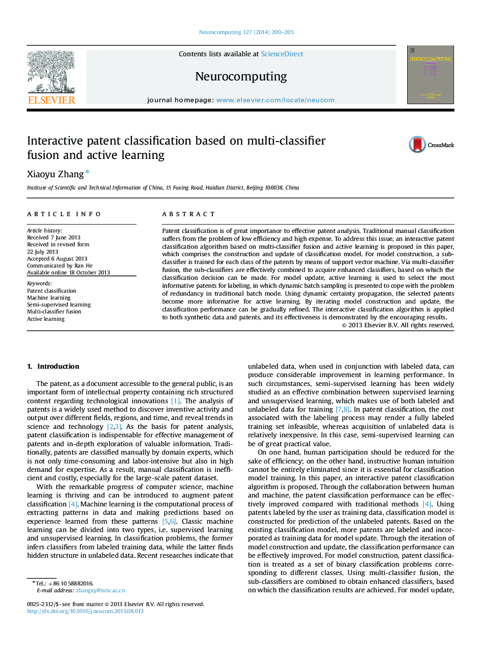 Interactive patent classification based on multi-classifier fusion and active learning