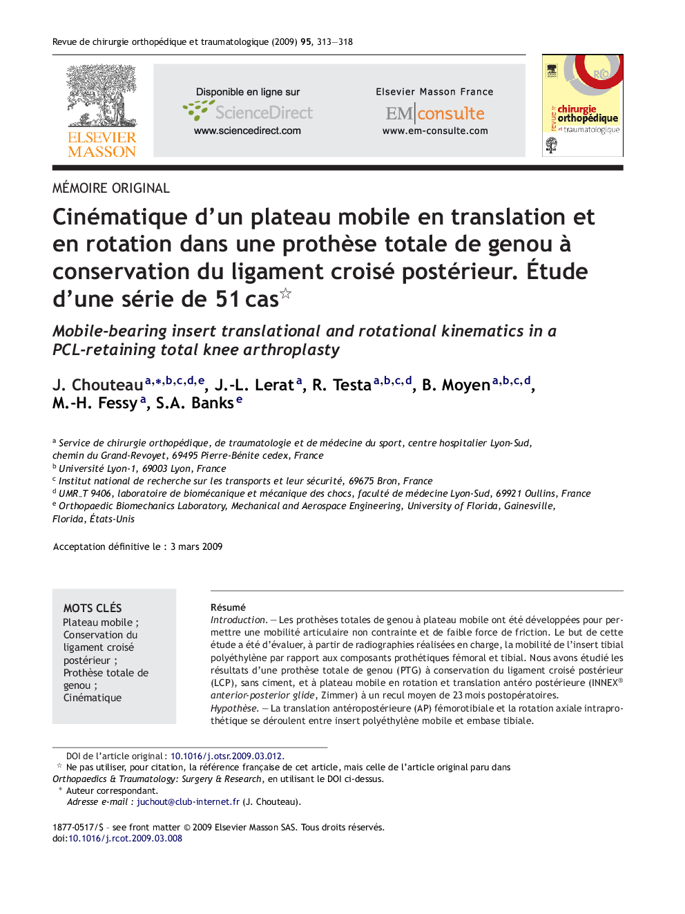 Cinématique d’un plateau mobile en translation et en rotation dans une prothèse totale de genou à conservation du ligament croisé postérieur. Étude d’une série de 51 cas 