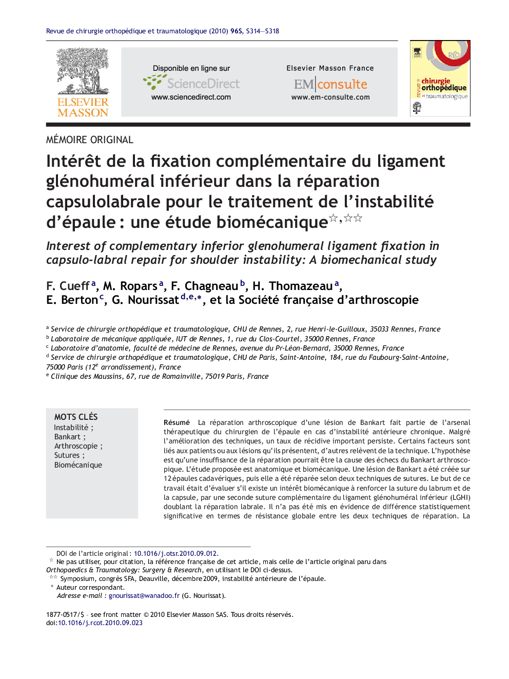 IntérÃªt de la fixation complémentaire du ligament glénohuméral inférieur dans la réparation capsulolabrale pour le traitement de l'instabilité d'épauleÂ : une étude biomécanique