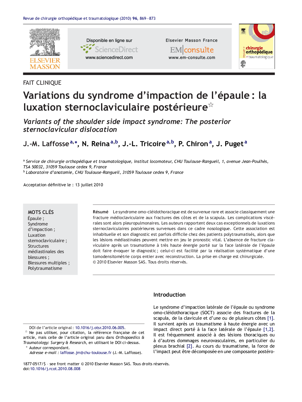 Variations du syndrome d’impaction de l’épaule : la luxation sternoclaviculaire postérieure 