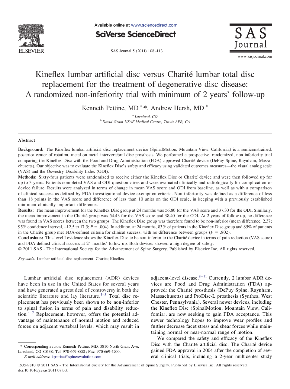 Kineflex lumbar artificial disc versus Charité lumbar total disc replacement for the treatment of degenerative disc disease: A randomized non-inferiority trial with minimum of 2 years' follow-up