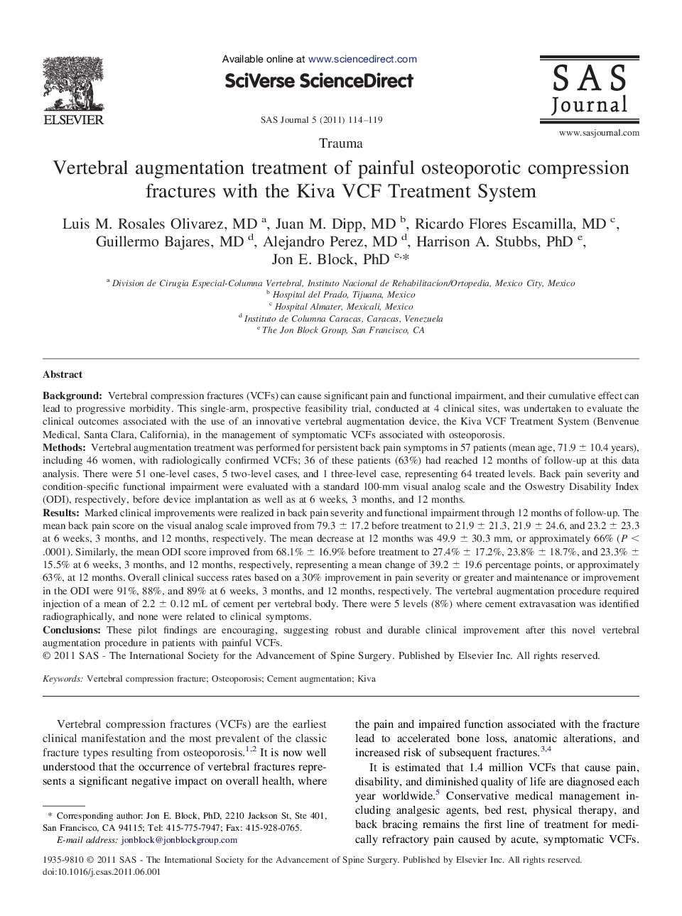 Vertebral augmentation treatment of painful osteoporotic compression fractures with the Kiva VCF Treatment System