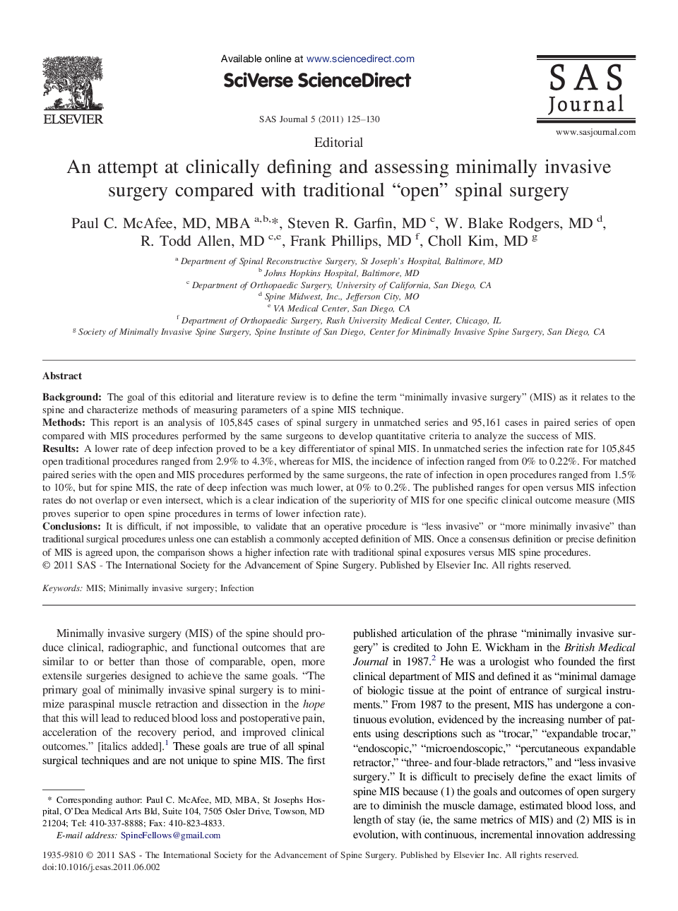 An attempt at clinically defining and assessing minimally invasive surgery compared with traditional “open” spinal surgery