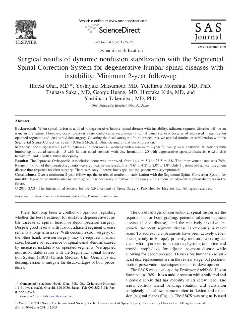 Surgical results of dynamic nonfusion stabilization with the Segmental Spinal Correction System for degenerative lumbar spinal diseases with instability: Minimum 2-year follow-up