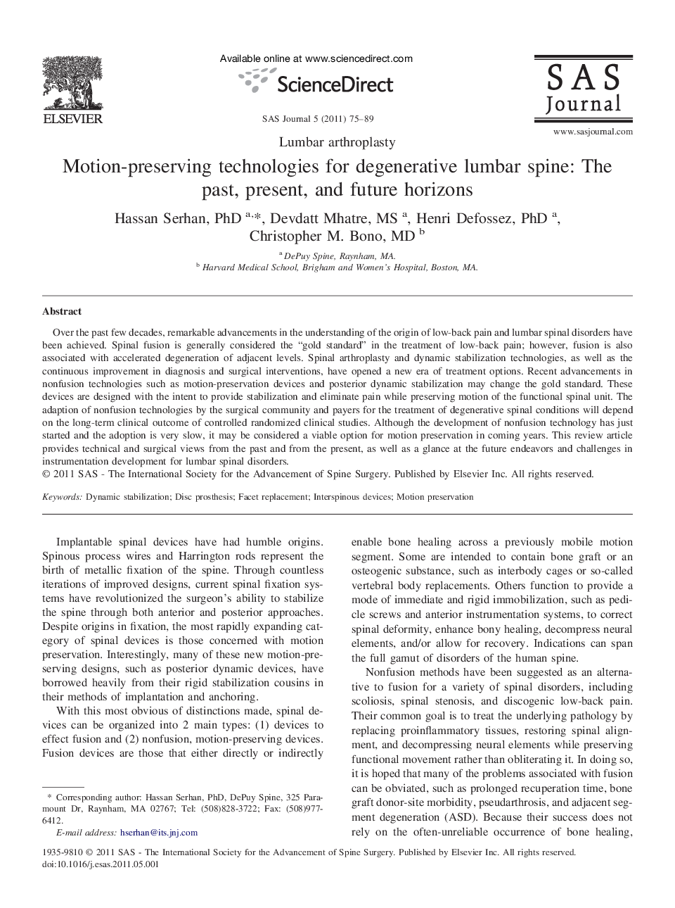 Motion-preserving technologies for degenerative lumbar spine: The past, present, and future horizons