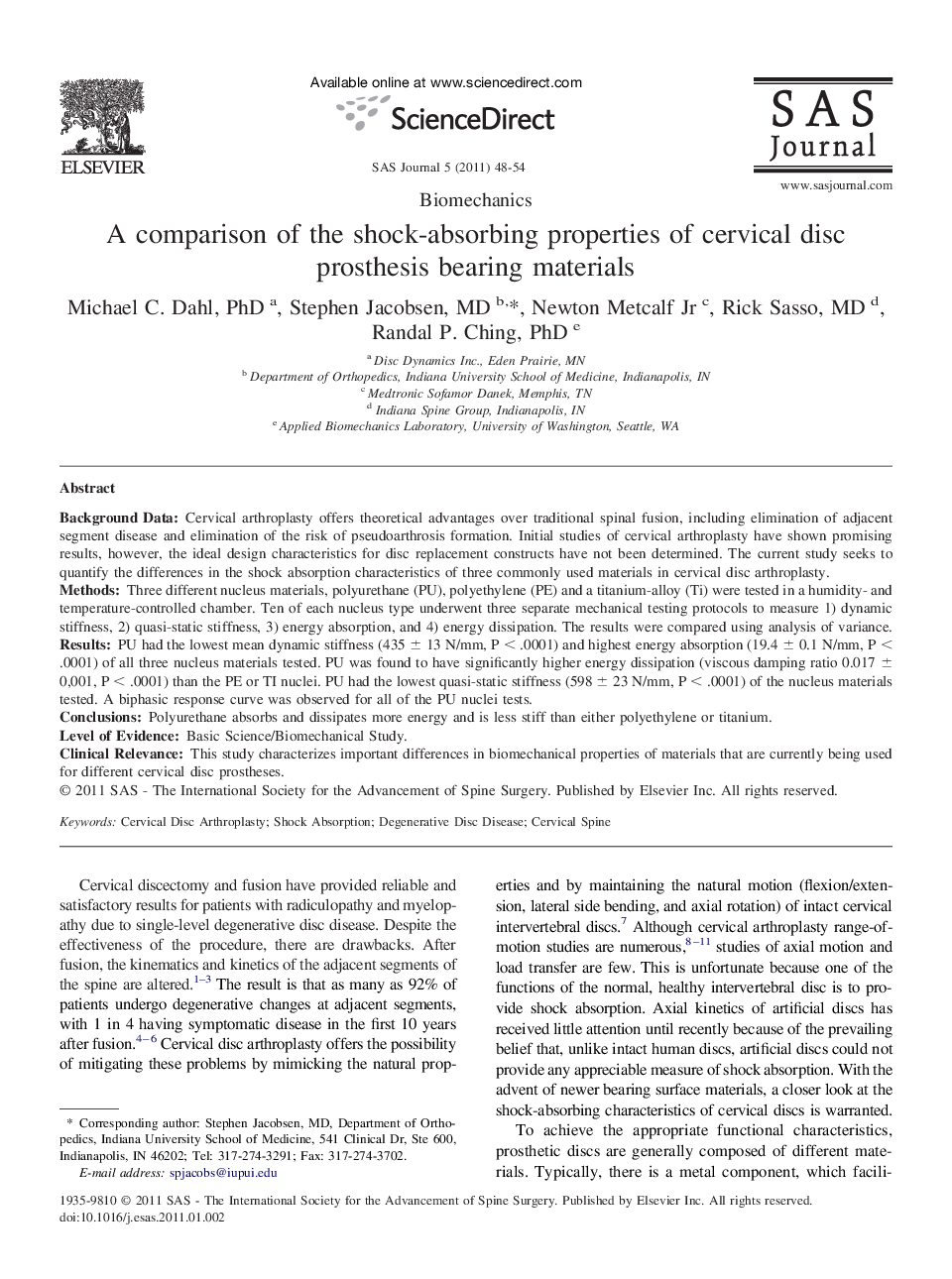 A comparison of the shock-absorbing properties of cervical disc prosthesis bearing materials