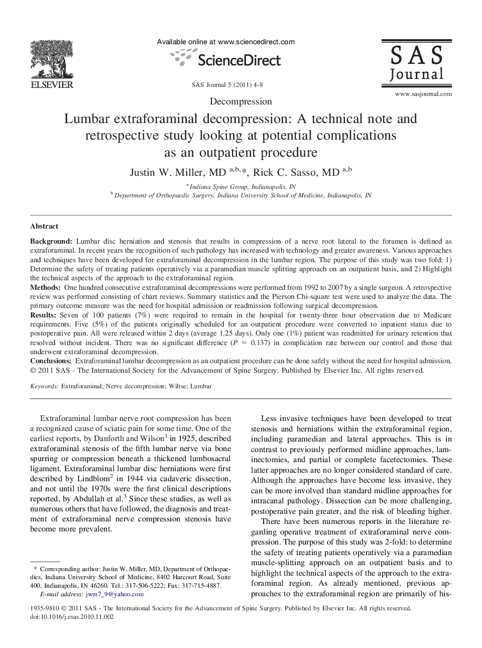 Lumbar extraforaminal decompression: A technical note and retrospective study looking at potential complications as an outpatient procedure