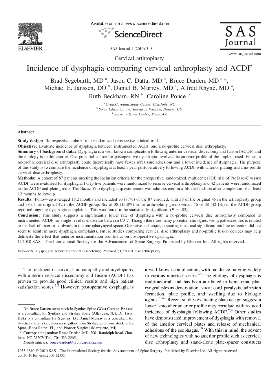 Incidence of dysphagia comparing cervical arthroplasty and ACDF