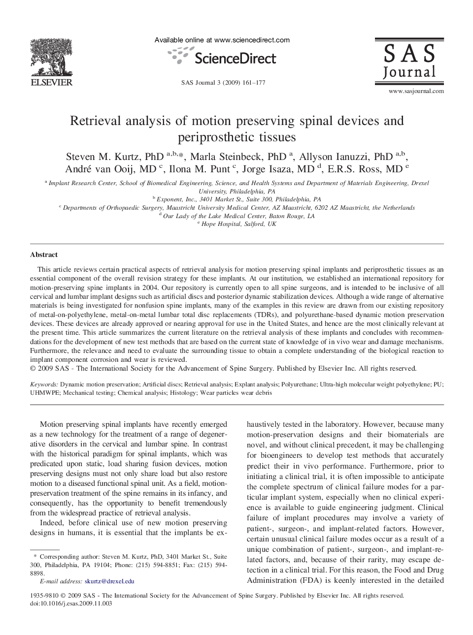 Retrieval analysis of motion preserving spinal devices and periprosthetic tissues