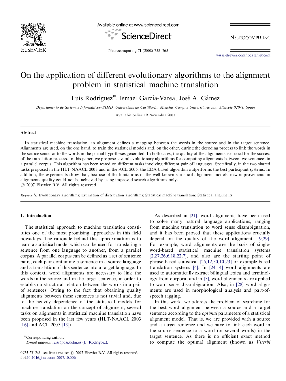 On the application of different evolutionary algorithms to the alignment problem in statistical machine translation