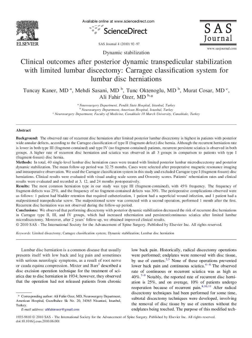 Clinical outcomes after posterior dynamic transpedicular stabilization with limited lumbar discectomy: Carragee classification system for lumbar disc herniations