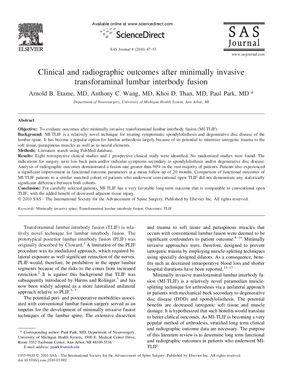 Clinical and radiographic outcomes after minimally invasive transforaminal lumbar interbody fusion