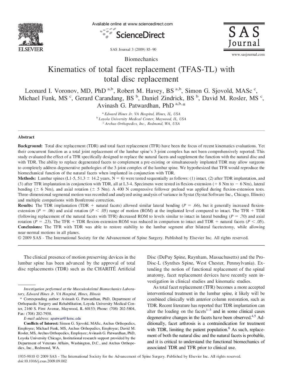 Kinematics of total facet replacement (TFAS-TL) with total disc replacement