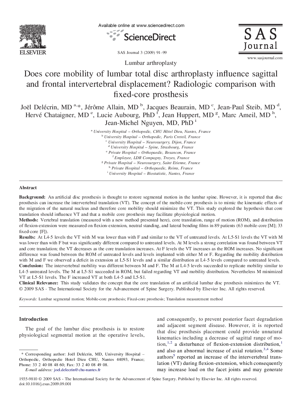 Does core mobility of lumbar total disc arthroplasty influence sagittal and frontal intervertebral displacement? Radiologic comparison with fixed-core prosthesis