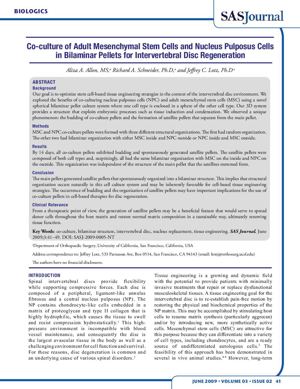 Co-culture of Adult Mesenchymal Stem Cells and Nucleus Pulposus Cells in Bilaminar Pellets for Intervertebral Disc Regeneration