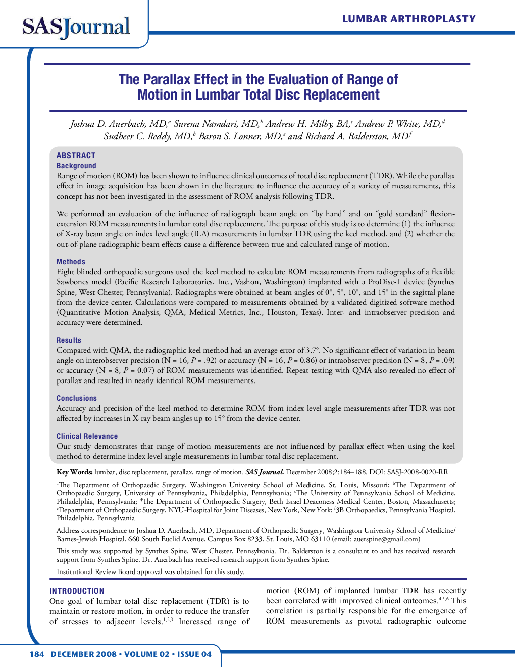 The Parallax Effect in the Evaluation of Range of Motion in Lumbar Total Disc Replacement