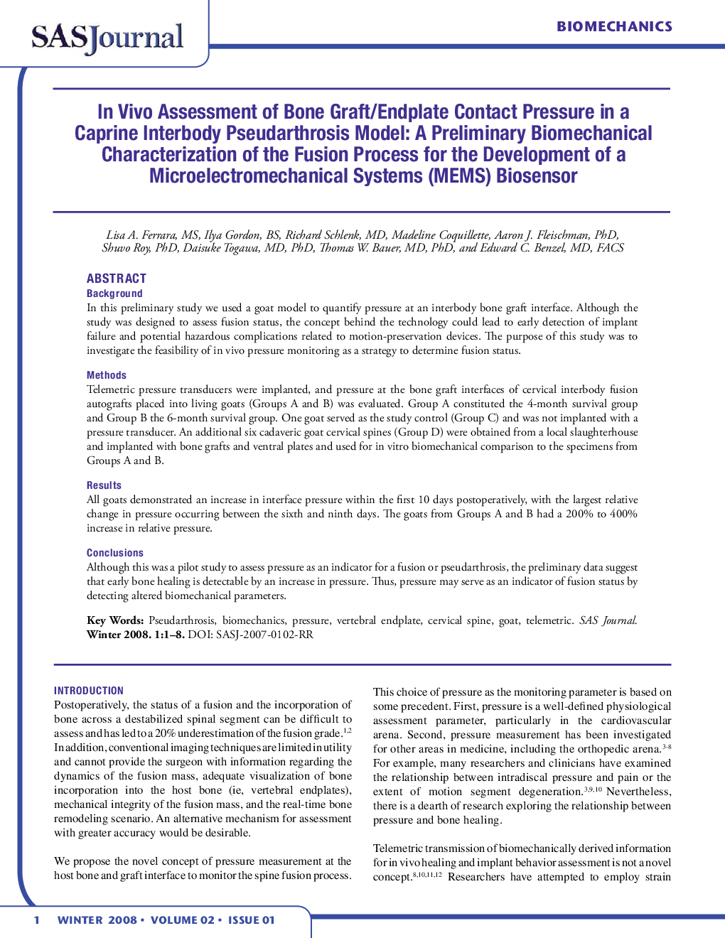 In Vivo Assessment of Bone Graft/Endplate Contact Pressure in a Caprine Interbody Pseudarthrosis Model: A Preliminary Biomechanical Characterization of the Fusion Process for the Development of a Microelectromechanical Systems (MEMS) Biosensor