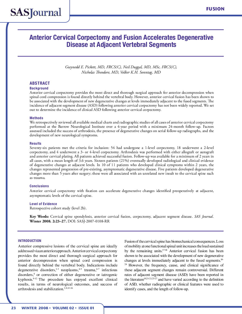 Anterior Cervical Corpectomy and Fusion Accelerates Degenerative Disease at Adjacent Vertebral Segments