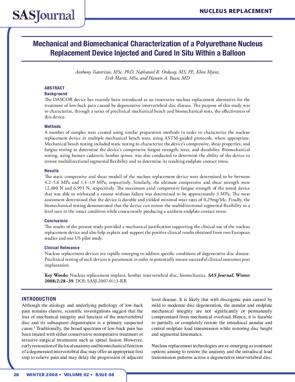 Mechanical and Biomechanical Characterization of a Polyurethane Nucleus Replacement Device Injected and Cured In Situ Within a Balloon