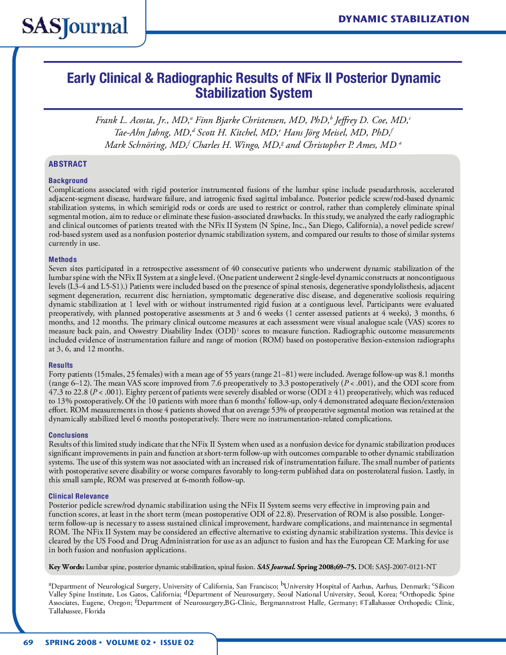 Early Clinical & Radiographic Results of NFix II Posterior Dynamic Stabilization System 