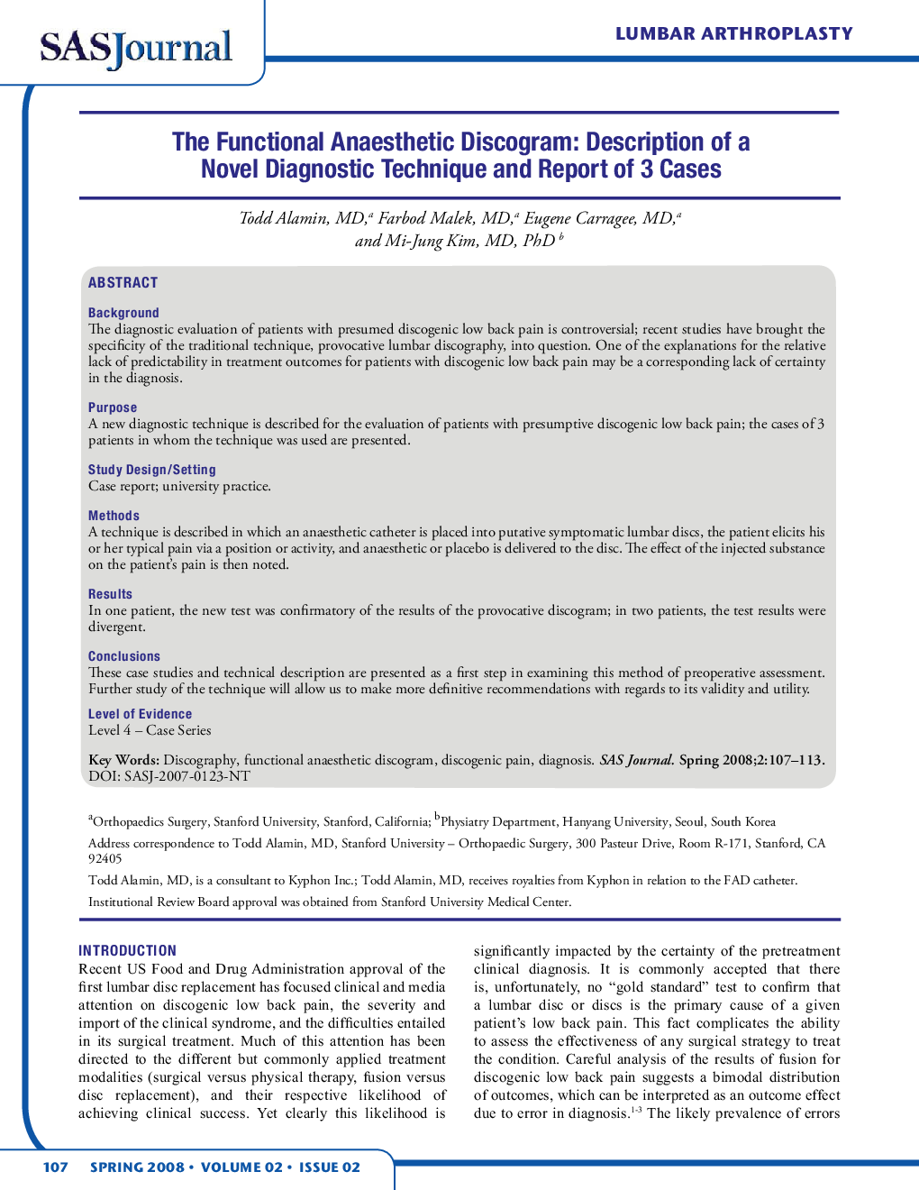 The Functional Anaesthetic Discogram: Description of a Novel Diagnostic Technique and Report of 3 Cases