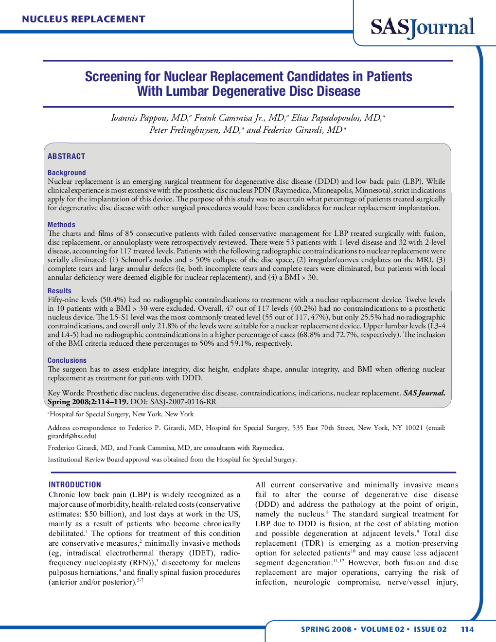 Screening for Nuclear Replacement Candidates in Patients With Lumbar Degenerative Disc Disease