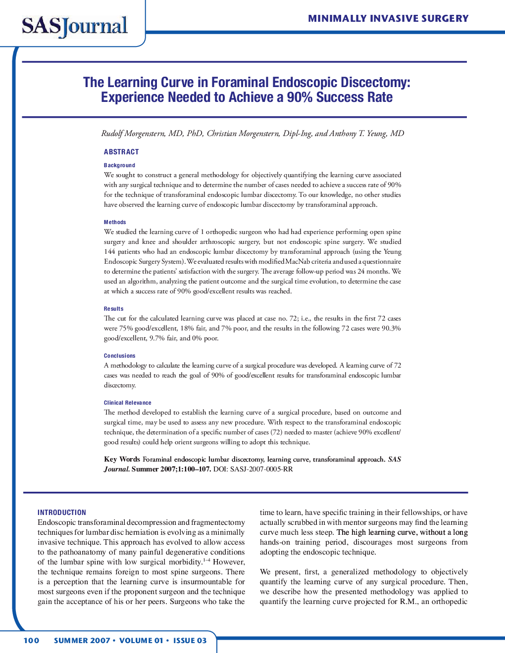 The Learning Curve in Foraminal Endoscopic Discectomy: Experience Needed to Achieve a 90% Success Rate