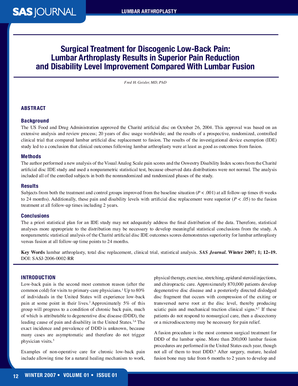 Surgical Treatment for Discogenic Low-Back Pain: Lumbar Arthroplasty Results in Superior Pain Reduction and Disability Level Improvement Compared With Lumbar Fusion