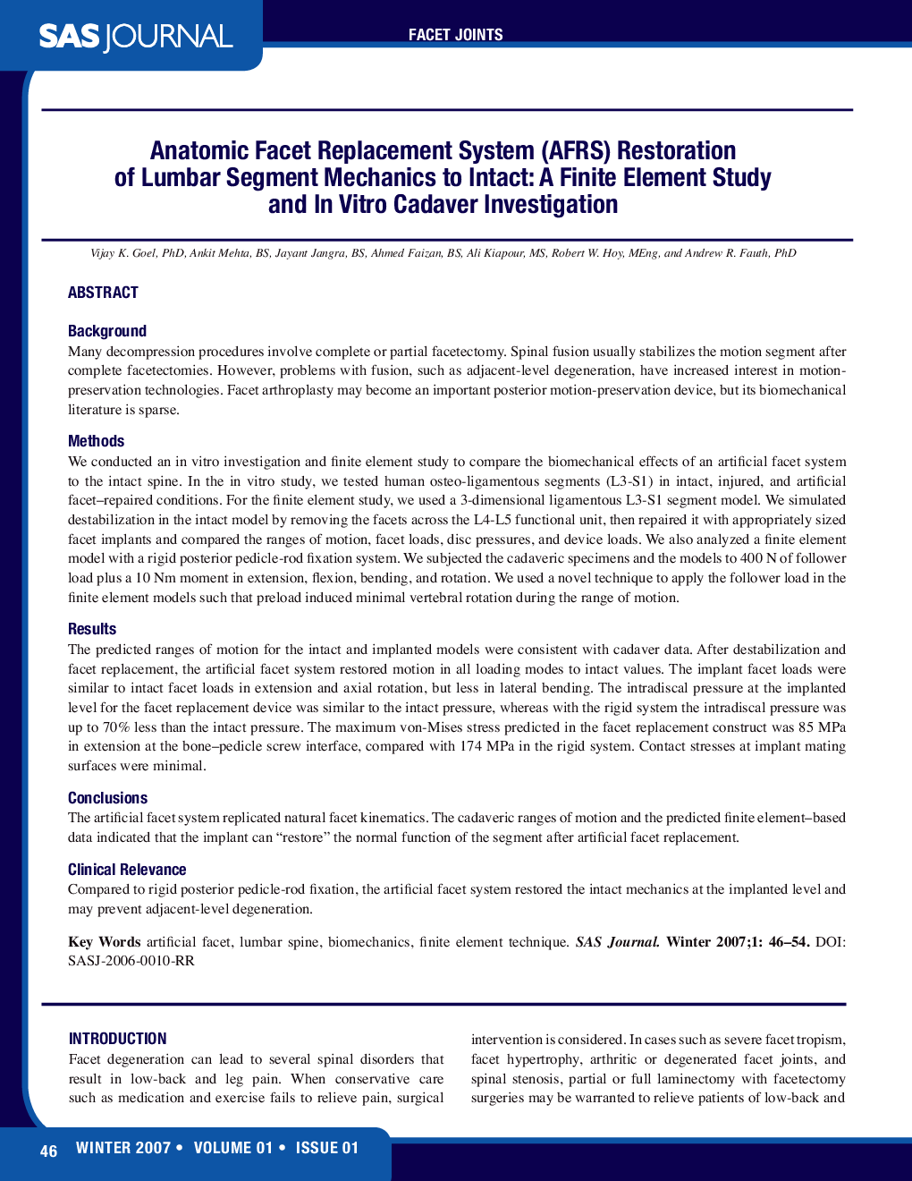 Anatomic Facet Replacement System (AFRS) Restoration of Lumbar Segment Mechanics to Intact: A Finite Element Study and In Vitro Cadaver Investigation 