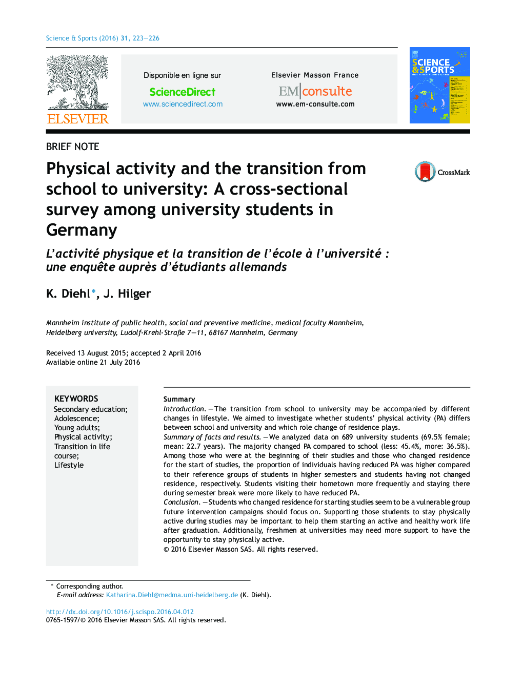 Physical activity and the transition from school to university: A cross-sectional survey among university students in Germany